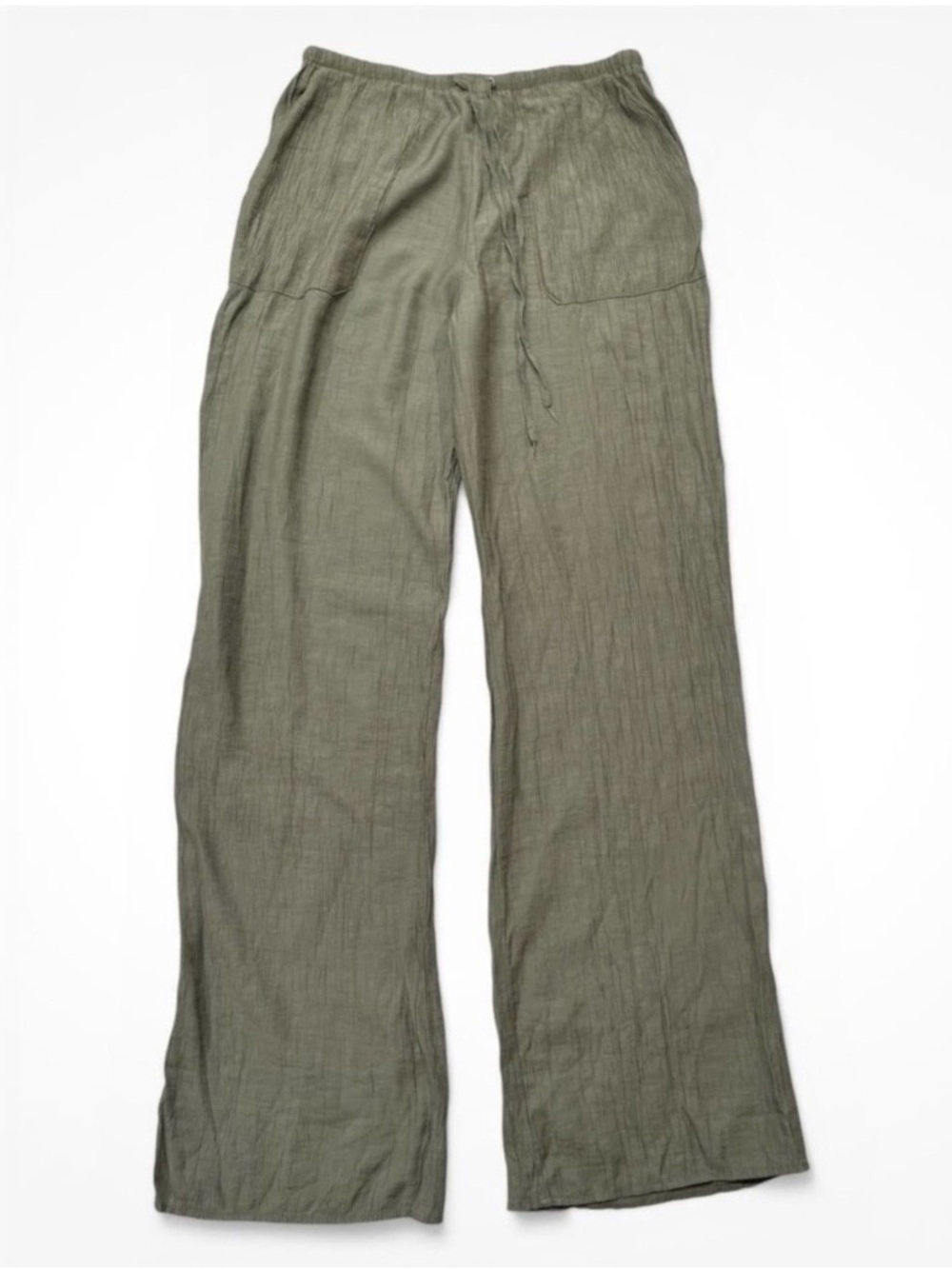 Zara Womens Olive Green Textured Crinkle Wide Leg Drawstring Pants Size S